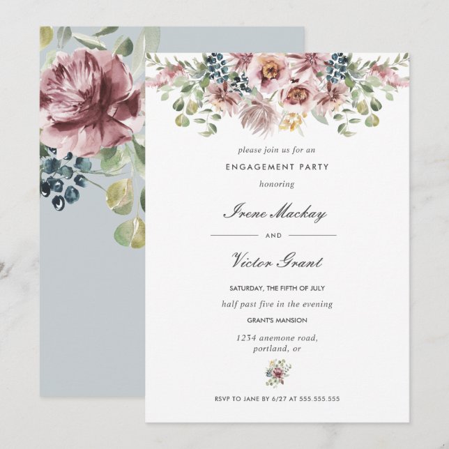 Anemone Blue Gray Botanical  Engagement Party Invitation (Front/Back)