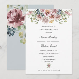 Anemone Blue Gray Botanical  Engagement Party Invitation
