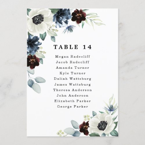 Anemone Blue Red Green Wedding Seating Chart Cards - You will need to create a new card for each table then add to your cart -- repeat.  Hang these cards with wire, twine, etc. Design features elegant watercolor white anemone flowers, Scottish dusty blue thistle, burgundy and navy blue floral elements. Design also features various shades of blue and green greenery elements such as olive branch leaves, eucalyptus and more.