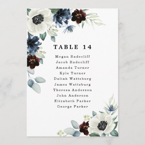 Anemone Blue Red Green Wedding Seating Chart Cards