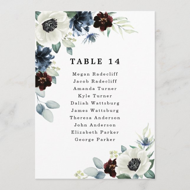 Anemone Blue Red Green Wedding Seating Chart Cards (Front)