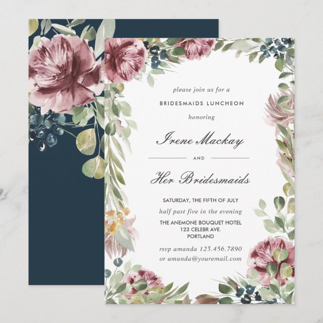 Anemone Blush Blue Botanical  BRIDESMAIDS LUNCHEON Invitation (Front/Back)