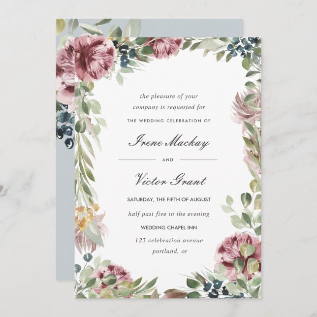 Anemone Blush Blue Gray Romantic Botanical Wedding Invitation (Front/Back)