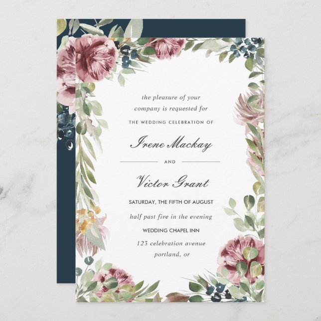 Anemone Blush | Blue Romantic Botanical Wedding Invitation (Front/Back)