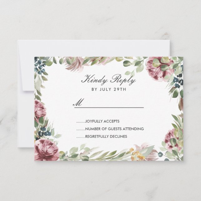Anemone Blush Dark gray flowers frame Wedding RSVP (Front)