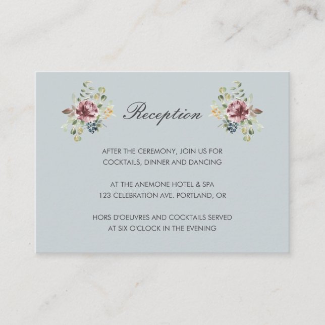 Anemone Blush GRAY Blue  floral wedding Reception Enclosure Card (Front)