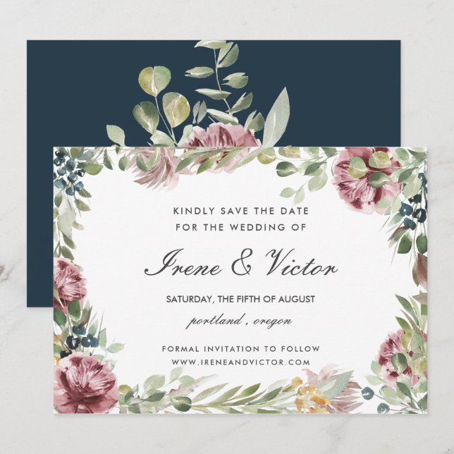 Anemone Blush Navy Blue wedding  Save the date Invitation (Front/Back)