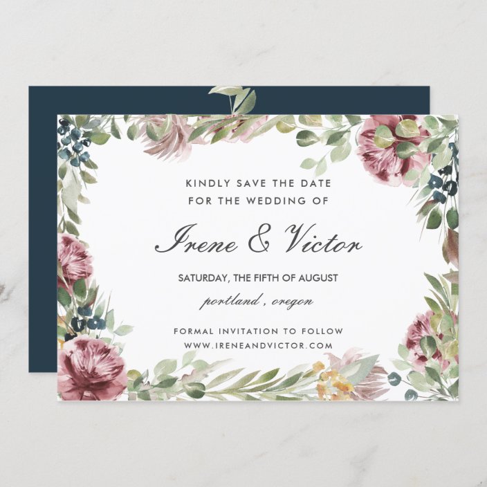 Anemone Blush Navy Blue wedding Save the date Invitation