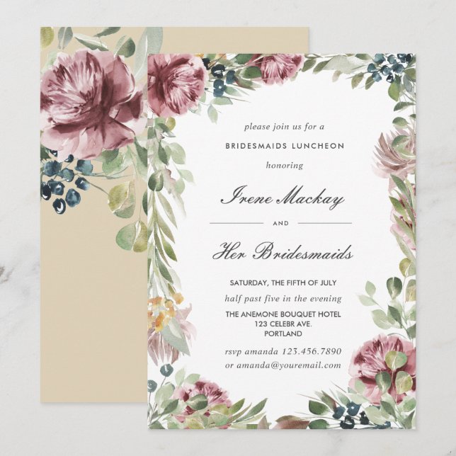 Anemone Blush Pink Botanical  BRIDESMAIDS LUNCHEON Invitation (Front/Back)