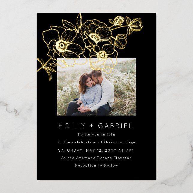 Anemone Bouquet Wedding Real Gold Foil Invitation (Front)