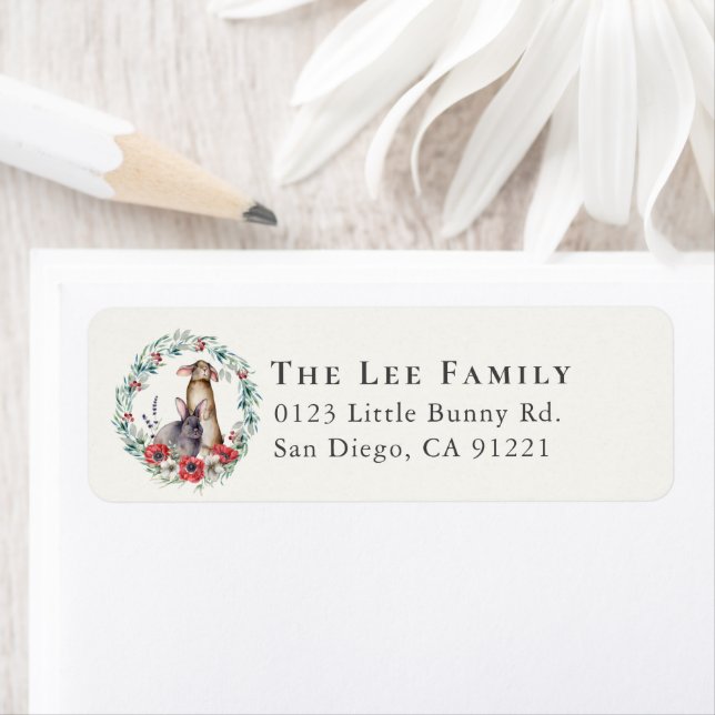 Anemone Bunnies Greenery Wreath Address Label (Insitu)
