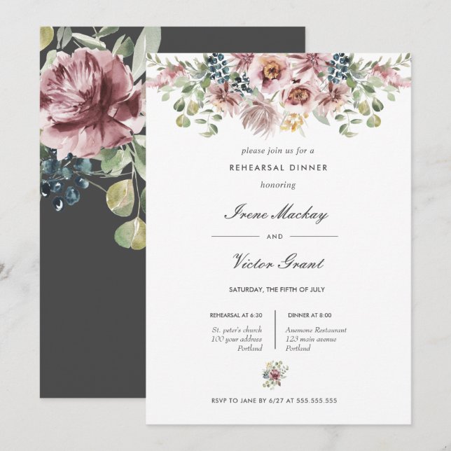 Anemone Dark Gray Botanical  Rehearsal Dinner Invitation (Front/Back)