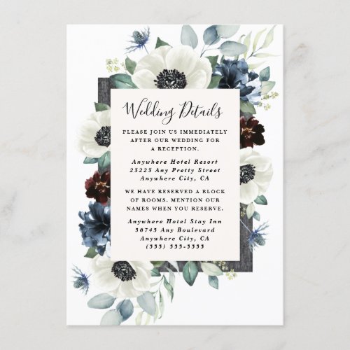 Anemone Dusty Blue Thistle Burgundy Floral Wedding Enclosure Card - Design features elegant watercolor white anemone flowers, Scottish dusty blue thistle, burgundy and navy blue floral elements. Design also features various shades of blue and green greenery elements such as olive branch leaves, eucalyptus and more over a weathered gray colored wood frame.
