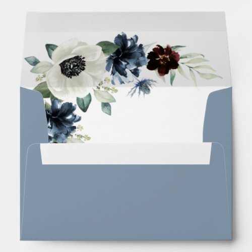 Anemone Dusty Blue Thistle Burgundy Floral Wedding Envelope - Design (inside graphic) features elegant watercolor white anemone flowers, Scottish dusty blue thistle, burgundy and navy blue floral elements. Design also features various shades of blue and green greenery elements such as olive branch leaves, eucalyptus and more.  The exterior is set to a dusty blue color.
