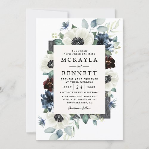 Anemone Dusty Blue Thistle Burgundy Floral Wedding Invitation - Design features elegant watercolor white anemone flowers, Scottish dusty blue thistle, burgundy and navy blue floral elements.  Design also features various shades of blue and green greenery elements such as olive branch leaves, eucalyptus and more over a weathered gray colored wood frame.