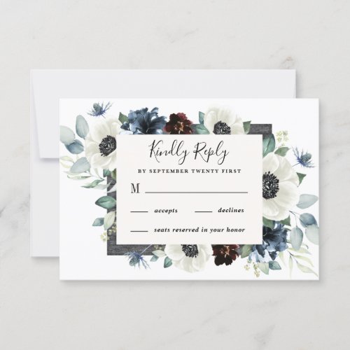 Anemone Dusty Blue Thistle Burgundy Floral Wedding RSVP Card - Design features elegant watercolor white anemone flowers, Scottish dusty blue thistle, burgundy and navy blue floral elements. Design also features various shades of blue and green greenery elements such as olive branch leaves, eucalyptus and more over a weathered gray colored wood frame.