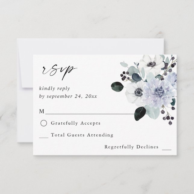Anemone & Eucalyptus Winter White Floral no Meal RSVP Card (Front)
