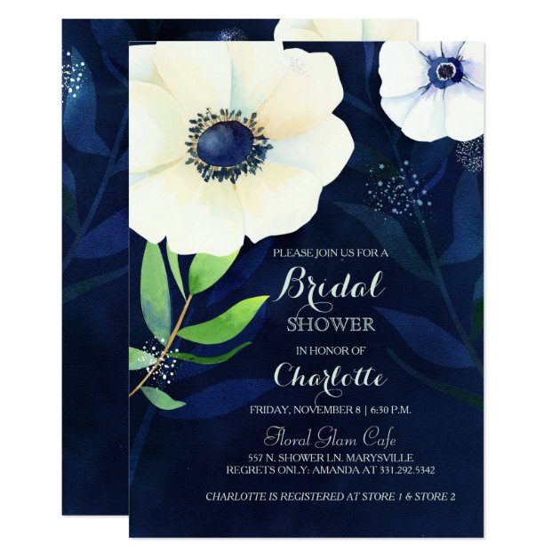 Anemone Floral Navy Blue Bridal Shower Invitation