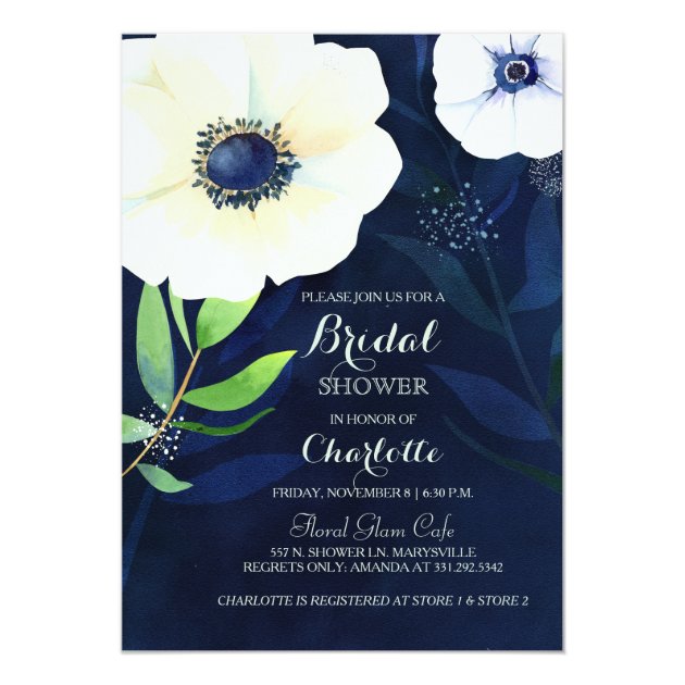 Anemone Floral Navy Blue Bridal Shower Invitation