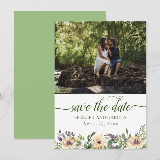 Anemone Floral Purple Cream Boho Greenery Photo Save The Date (Front/Back)