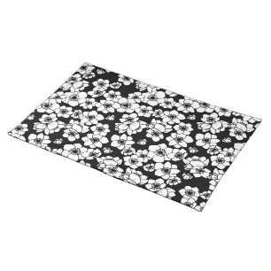 Anemone Flower Black and White Cloth Placemat
