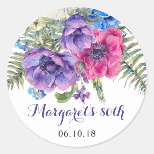 Anemone Flower Floral 80th Birthday Classic Round Sticker