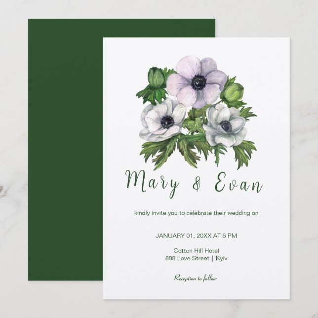 Anemone flowers are purple-gray wedding invitation (Front/Back)