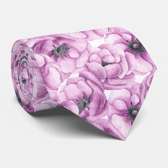 Anemone flowers watercolor pattern neck tie (Rolled)