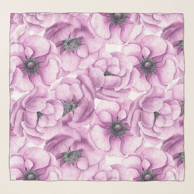 Anemone flowers watercolor pattern scarf (Front)