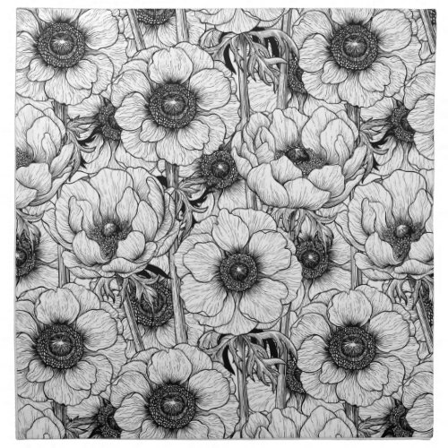 Anemone garden in black and white cloth napkin