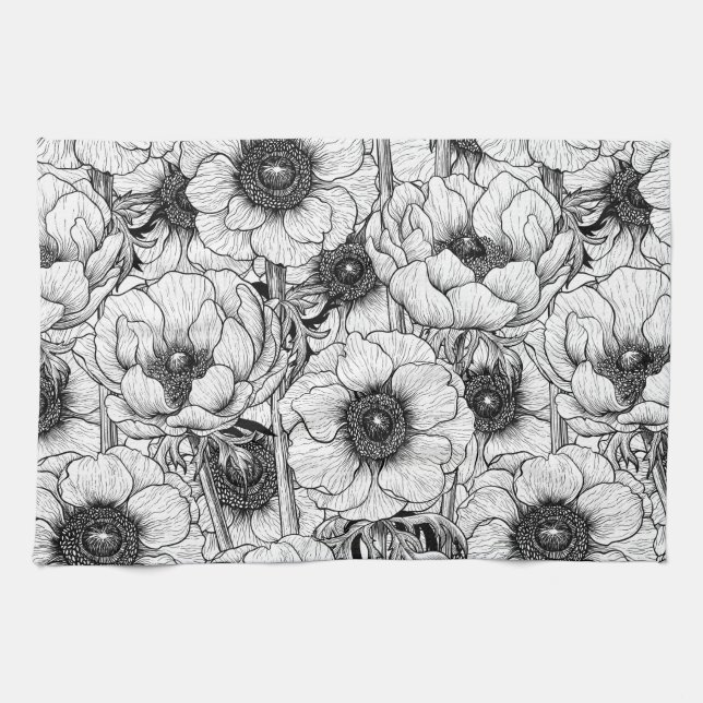 Anemone garden in black and white kitchen towel (Horizontal)