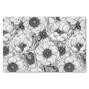 Black and White Sketched Floral Decorative Printed Tissue Paper 24 Sheets of 20 inchx30 inch