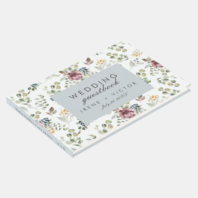 Anemone Gray Blue Wedding Personalized Flower Guest Book (Corner)
