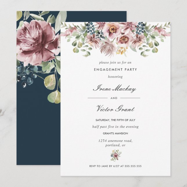 Anemone Navy Blue Botanical  Engagement Party Invitation (Front/Back)