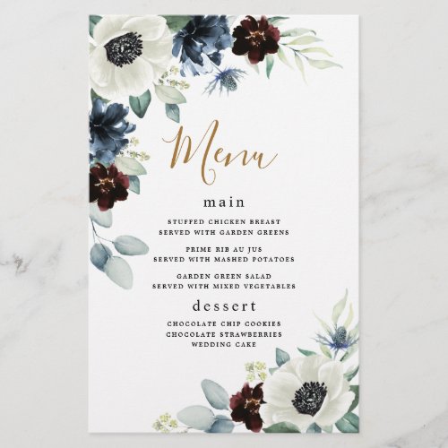 Anemone Navy Blue Burgundy Boho Wedding Menu Cards - Design features elegant watercolor white anemone flowers, Scottish dusty blue thistle, burgundy and navy blue floral elements. Design also features various shades of blue and green greenery elements such as olive branch leaves, eucalyptus and more.