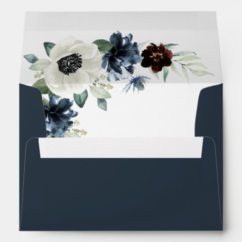 Anemone Navy Blue Thistle Burgundy Floral Wedding Envelope - Design (inside graphic) features elegant watercolor white anemone flowers, Scottish dusty blue thistle, burgundy and navy blue floral elements. Design also features various shades of blue and green greenery elements such as olive branch leaves, eucalyptus and more.  The exterior is set to a navy blue color.