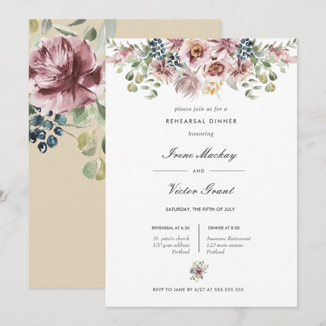 Anemone Neutral pink  Botanical  Rehearsal Dinner Invitation (Front/Back)