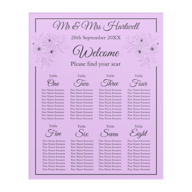 Anemone on Light Lilac Seating Chart~ Acrylic Print (Front)