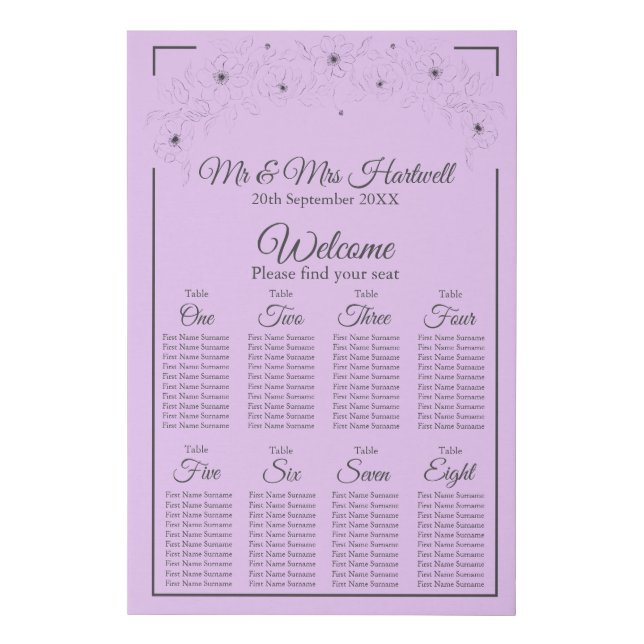Anemone on Light Lilac Seating Chart~ Faux Canvas Print (Front)