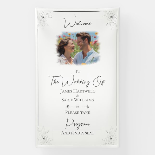 *Anemone on White wedding Find Your Seat  Banner (Vertical)