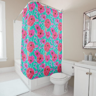 Anemone Painting Pattern Pink & Aqua Floral Shower Curtain