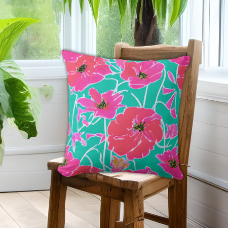 Anemone Painting Pattern Pink & Aqua Floral Throw Pillow
