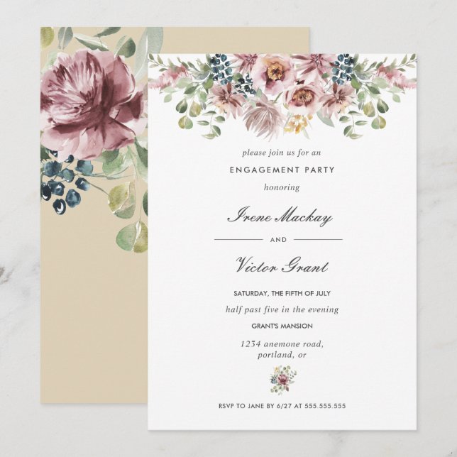 Anemone Pink Neutral Botanical  Engagement Party Invitation (Front/Back)