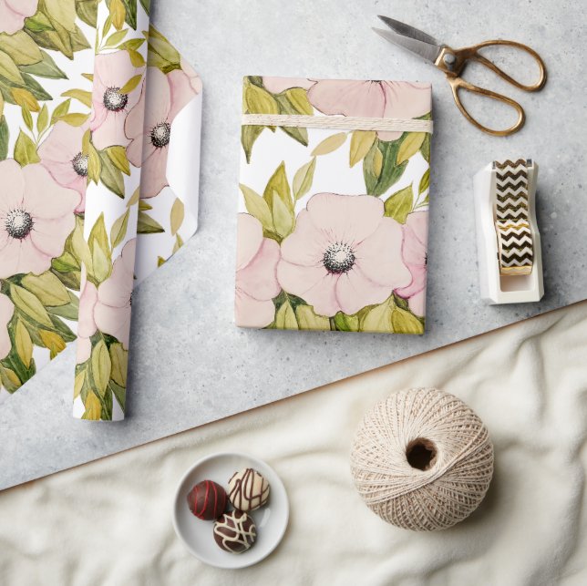 Anemone Soft Pink Flowers Watercolor Hand-painted Wrapping Paper (Crafts)