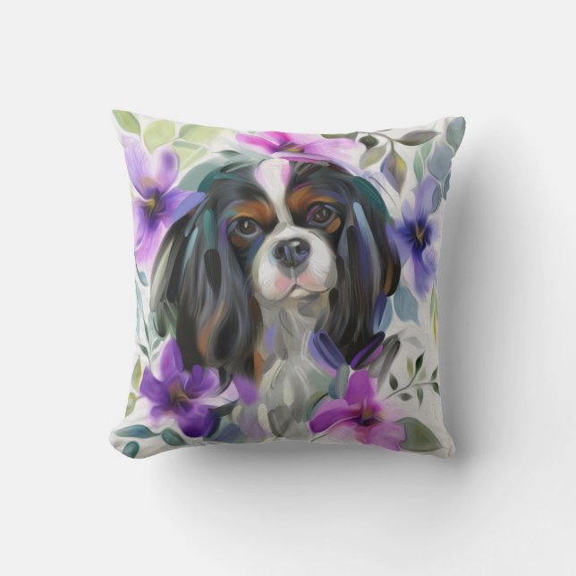'Anemone' Tricolor cavalier dog art pillow (Front)