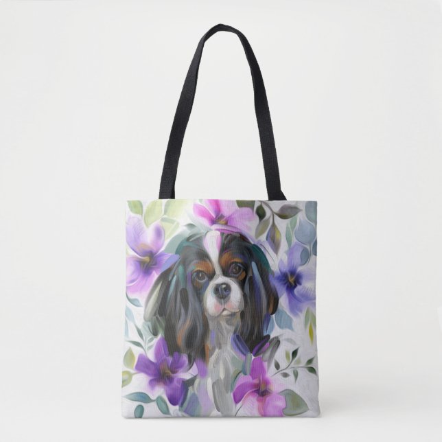 'Anemone' Tricolor cavalier dog art tote bag (Front)