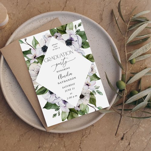 Anemone White Floral Graduation Party Invitation