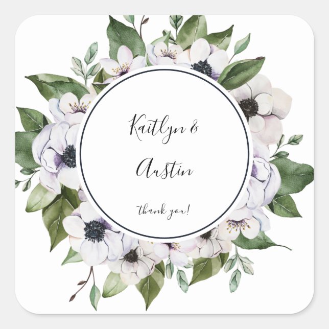 Anemone White Floral Thank You Square Sticker (Front)