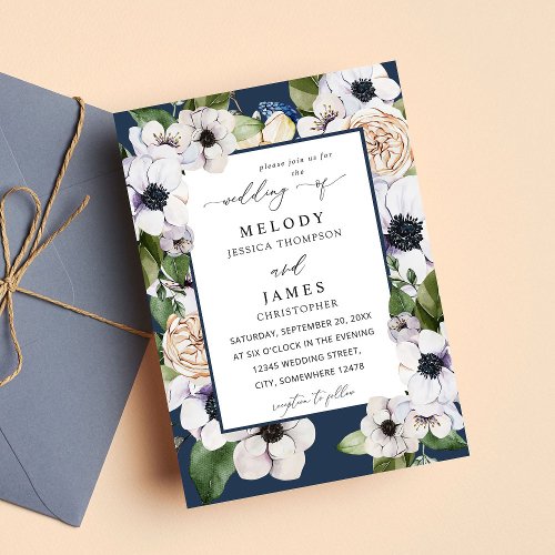 Anemone White Floral Wedding _ Blue Invitation