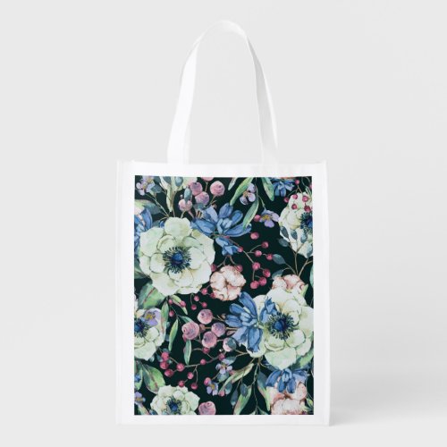 Anemone Wildflowers Vintage Watercolor Pattern Grocery Bag